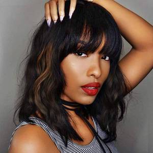 lot 19647 image: Ucubb Black Mixed Brown Wig for Black Women 14 Inch Short Wavy Hair Wigs Curly Bob Wig with Bangs Wigs Shoulder Length Wigs for Black Women Bob Style Synthetic Heat Resistant - Retail $18