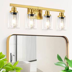 lot 19655 image: DIKAIDA Bathroom Vanity Light, 4-Light Modern Matte Gold Wall Sconce Lighting with Clear Glass Shade, Black Wall Lights,Bath Vintage Wall Mounted Lamps for Mirror Bedroom Living Room - Retail $57