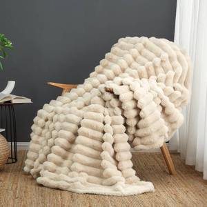 lot 19658 image: Cozy Bliss Faux Fur Throw Blanket for Couch, Cozy Warm Plush Striped Blanket for Sofa Bedroom Living Room, 50  60 Inches Beige - Retail $36