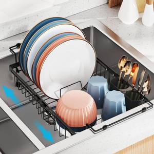 lot 19659 image: iSPECLE Expandable Dish Drying Rack for Kitchen Sink - Heavy Duty Adjustable Over The Sink Dish Drainer with Square Corners, Rust Resistant with Lock Knob, Fit for Modern Single & Double Sinks, Black - Retail $27
