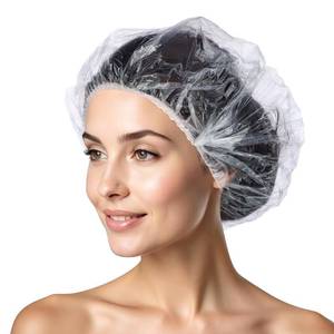 lot 19660 image: 300 Pcs Disposable Shower Caps, 20.5In Large Plastic Bath Caps for Hair Treatment, Spa, Home, Kitchen, Hotel, Travel - Retail $10