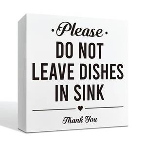 lot 19674 image: Kitchen House Rules Sign White Wooden Box Block Plaque, Do Not Leave Dishes in Sink Farmhouse Shelf Tabletop Decor for Apartment Rental Home 5x5 Inches - Retail $10