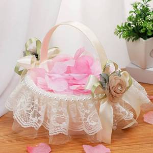 lot 19680 image: Ivory Wedding Flower Girl Basket Decorated with Lace Pearl Romantic Wedding Flower Girl Petals Storage Basket Elegant Flower Girl Baskets for Weddings - Retail $18
