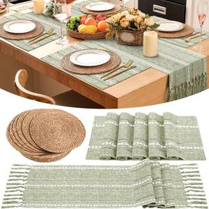 lot 19683 image: Gandeer 6 Sets Round Woven Boho Placemats, Long Sage Green Table Runner, Cotton Linen Placemats, Farmhouse Macrame Embroidered Striped Table Runner for Tables Christmas Wedding Party Decor (Classic) - Retail $45