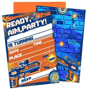 lot 19685 image: MSNOR 30 packs Dart War Invitations Birthday Party Supplies Blaster Nerf Gun Battle Theme Party Invitations with 30 Orange Envelopes for Boy Kids Dart War Nerf Party Decorations Supplies Favor - Retail $10