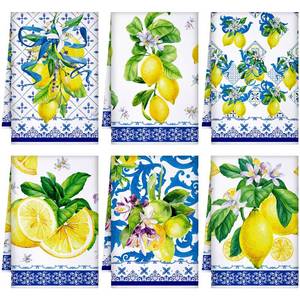 lot 19689 image: Geyoga 6 Pieces Blue and White Lemon Kitchen Towels Set Absorbent Dish Towels Decorative Tea Washcloth for Spring Summer Kitchen Bathroom Home Decor, 16 x 24 Inch (Blue, White) - Retail $14