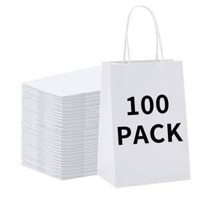 lot 19694 image: BAG BOX 100 Pack 5.9x3.1x8.25 Inch White Gift Bags with Handles,Bulk Kraft Paper Bags for Shopping, Retail, Merchandise, Wedding, Party Favors, Paper Grocery Sacks - Retail $22