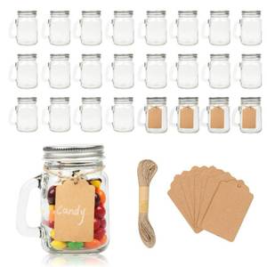 lot 19705 image: Homelike Style 4 oz Small Mason Jar Mugs with Handle, 24 Pack Mini Glass Jars with Airtight Metal Lids, Empty Glass Mugs with Kraft Paper Gift Tag for Party Wedding Favor - Retail $30