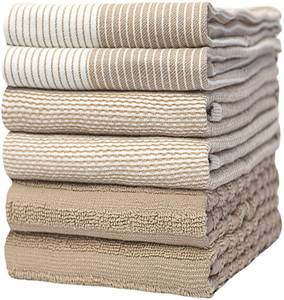 lot 19706 image: Premium Kitchen Towels (20x 28, 6 Pack)  Large Cotton Dish Towels  Flat & Terry Highly Absorbent Kitchen Linen Set with Hanging Loop  Tan - Retail $26