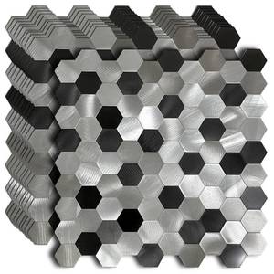 lot 19710 image: XUANINY 10-Metal Peel and Stick Backsplash Tiles, Aluminum Mosaic Sticker for Kitchen Wall Decor Hexagon Design Frosted 3D Wall Sticker(11.02x11.5) (Silver Grey and Black 10) - Retail $50
