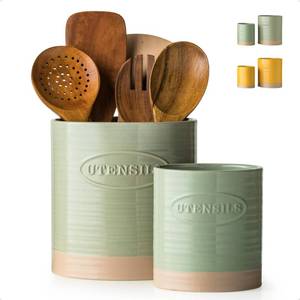 lot 19712 image: YHOSSEUN Kitchen Utensil Holder, 6.75.1 Ceramic Utensil Holder for Kitchen Counter, Oval Cooking Utensil Crocks for Countertop, Utensil Storage Organizer Set of 2, Green - Retail $32