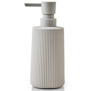 lot 19715 image: Small Soap Dispenser for Bathroom and Kitchen, Modern Farmhouse Striped Style Plastic Hand Soap Dish Soap Dispenser with Pump Matte Beige - Retail $10