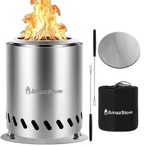 lot 19728 image: 9.7 x 7.1 Inch Tabletop Fire Pit by AmazStove, Low Smoke Camping Stove for Outdoor Safe Burning Firepits, Fueled Pellets or Wood, Travel Bag Included (Silver, 9.7 x 7.1 INCH) - Retail $33