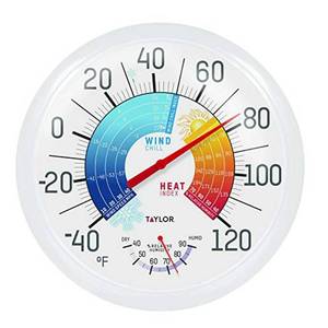 lot 19738 image: Taylor Wind ChillHeat Index Thermometer & Hygrometer, Indoor Outdoor Wireless Thermometer with Easy to Read Large Numbers for Patio, Pool, and Indoor Areas, 13.25-inch - Retail $20
