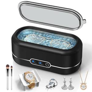 lot 19749 image: Miorcols Ultrasonic Jewelry Cleaner, 48KHz Jewelry Ultrasonic Cleaner Machine for All Jewelry, Glasses, Rings, Retainers, Watch Strap, Dentures, 304 Stainless Steel 12oz Cleaning Pod - Black - Retail $30