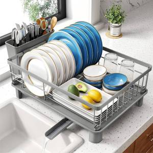 lot 19767 image: SNTD Dish Drying Rack - Small Dish Rack for Kitchen Counter, Stainless Steel Dish Drainer with Utensil Holder and Drainboard, 12.9 W x 16.9 L (Grey) - Retail $36