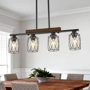 lot 19775 image: 4-Light Dining Room Light FixtureChandelier Over Table, Island Lighting Hanging for Farmhouse Linear Chandeliers Matte Black Rustic Wood Ceiling Pendant Light Fixtures, with Clear Glass Shade