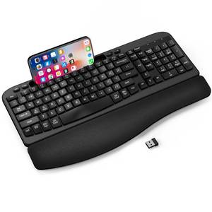 lot 19776 image: Ergonomic Wireless Keyboard with Cushioned Wrist Rest, Wave Keys, Phone Holder, Comfortable Natural Typing, 2.4GHz Full Size Cordless USB Computer Keyboard for Windows, Mac OS, Laptop, PC (Black) - Retail $33