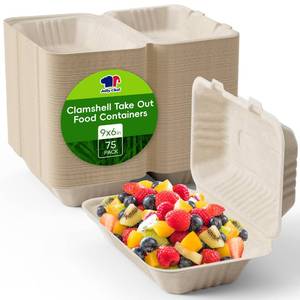 lot 19778 image: JOLLY CHEF Clamshell Take Out Food Containers, 75-Pack 9  6  To Go Containers Disposable, 100% Compostable Sugarcane To Go Boxes for Salad,Lunch - Retail $24