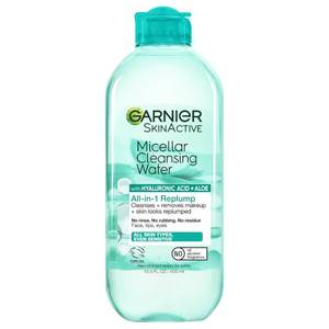 lot 19779 image: Garnier Micellar Water with Hyaluronic Acid, Facial Cleanser & Makeup Remover, Hydrating and Plumping, For All Skin Types, Vegan, Cruelty Free, 13.5 Fl Oz (400mL), 1 Count - Retail $9
