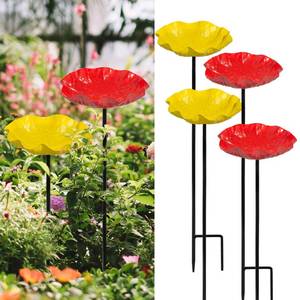 lot 19783 image: Xzunk 4 PCS Metal Bird Baths for Outdoors, Small Garden Bird Bath & Bird Feeders with Metal Stake, Hummingbird Feeder for Outside Lawn Yard Garden Decor - Retail $20