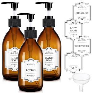lot 19795 image: Homepicker 8 oz Amber Glass Soap Dispenser, 250ml Glass Pump Bottle for Body Lotion Massage Oil, Refillable Empty Hand and Dish Soap Dispensers Set with Labels - 3 Pack - Retail $9