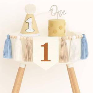 lot 19804 image: GCQQ 1st Birthday Highchair Banner Decorations Baby Boy First Birthday Outfit One Year Old Birthdays Dcoration with Khaki Cone Hat Wood Bead Tassel Garland Cake Topper For Baby Shower Party Decor - Retail $14