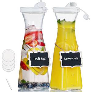 lot 19836 image: Glass Pitcher, 1 Liter Carafe for Mimosa Bar, 2 Pcs, Square Pitcher with Lid and Spout, Juice Container for Fridge, Cold Brew, Milk, Water Dispenser, Tea, Creamer, Sangria (3 Lids & 2 Spouts) - Retail $20
