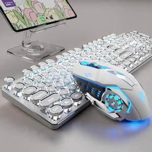 lot 19839 image: TK950 Wireless Typewriter Keyboard and Mouse Combo,104 Keys Retro Typewriter Mechanical Keyboard with White Backlit, Anti-Ghosting, Blue Switch, Bluetooth2.4GWired Cute Gaming Keyboards-White - Retail $76