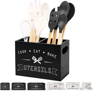 lot 19844 image: Groqrsn Small and Durable Wood Kitchen Utensil Holder with Removable Divider for Party and Countertop ��black 2 Compartment�� - Retail $15