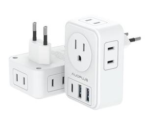 lot 19854 image: 2 Pack European Travel Plug Adapter with USB C, US to Europe Power Adapters with 4 AC Outlets, 3 USB Charging Ports, International Plug Adapter, 7 in 1 Travel Essentials for Italy France Greece - Retail $16