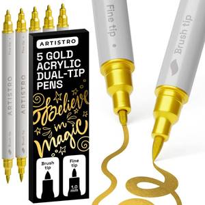 lot 19856 image: ARTISTRO 5 Gold Acrylic Paint Markers - Paint Pens for Drawing, Brush  Fine Tips - For Fabric, Rock, Glass, Wood, DIY - Art & Craft Supplies for Adults, Teens, Kids - Teacher Appreciation Gift - Retail $12