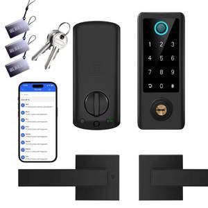lot 29005 image: BEBASIA Smart Fingerprint Door Lock with Handle Set, Full App Control, Electronic Digital Touchscreen Keypad, Deadbolt Smart Locks for Front Door, Auto Lock, Black - Retail $70