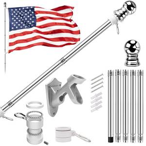 lot 29009 image: 5 FT Flag Pole kit and American Flag 3x5ft with Pole Kit for Outside, Heavy Duty Flag Pole 5FT with 3x5ft American Flag, Stainless Steel Aluminum Multi-Position Flag Pole with Bracket Holder (silver) - Retail $20