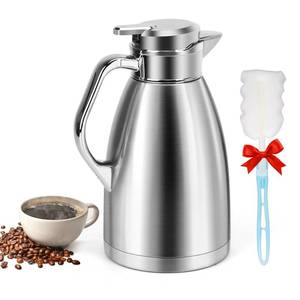 lot 29020 image: Coffee Carafes for Keeping Hot, ShineMe Stainless Steel Thermal Coffee Carafe with Cleaning Brush, Double Walled Vacuum Coffee Pot 61oz Insulated Tea & Coffee Dispenser, Long HeatCold Retention - Retail $19