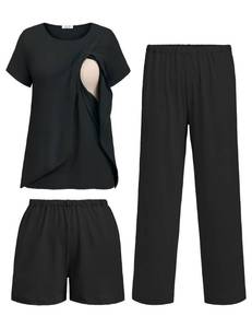lot 29032 image: Ekouaer 3 PCS Maternity Nursing Pajamas Set Postpartum Breastfeeding Short Sleeve Shirts, Pregnancy Shorts & Pants Pjs Black XXL - Retail $29
