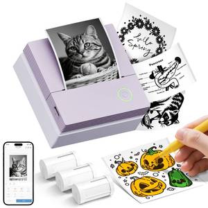 lot 29795 image: ETIKEZ Sticker Printer, PM290C Portable Mini Printer, Inkless Bluetooth Sticker Maker with 3 Rolls Paper, Impresora Port�til for Notes, Journal, DIY, Gift, Print Pod for SchoolOfficeHome, Purple - Retail $21