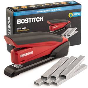 lot 29830 image: Bostitch Stapler - InPower, One Touch Heavy Duty Red Office Stapler with Built-in Staple Remover, 20 Sheet Capacity, 1260 Staples Included - Retail $18