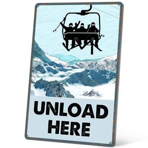 lot 29838 image: HYBLOM Vintage Unload Here Metal Sign - Ski Decor, Skiing Party Decorations for Chalet, Lodge, Apres Ski, Ski Resort Wall Art, Aluminum 12x8 Inch - Retail $10