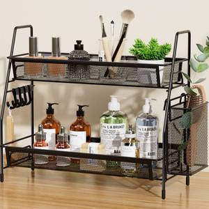 lot 44402 image: VITVITI Mesh Bathroom Organizer Countertop, 2-Tier Metal Bathroom Counter Organizer and Storage, Vanity Organizer Sink Shelf Kitchen Spice Rack with Basket and Hooks, Black