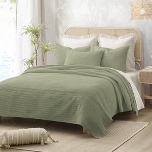 lot 44410 image: Wonderful Natural Linen Cotton Quilt - Skin-Friendly Breathable & Hypoallergenic Quilt Queen, 3 Piece Wave Stitched Green Bedding Set, All-Season Use Bedspread & Coverlet Bedding, 94x94 - Retail $100