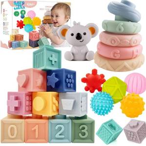 lot 44417 image: ELLECK Baby Montessori Sensory Toys for 0-6 6-12 Months, Teething Toys for Babies 0 3 6 9 12 18 Months, Infant, Newborn Rattle Teether, Blocks, Soft Stacking Rings, Ideal Baby Boy Girl Gifts Set - Retail $20