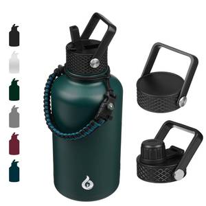 lot 44420 image: BJPKPK Half Gallon Insulated Water Bottles with Straw Lid, 64oz Large Water Jug, Stainless Steel Bottles with 3 Lids and Paracord Handle, Thermo for Hot & Cold Liquid, Army Green - Retail $23