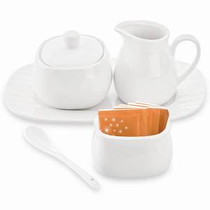 lot 44422 image: Dicunoy Set of 4 Sugar and Creamer Set, Small Creamer Pitcher with Handle for Coffee Bar, Sugar Bowl with Lid, Spoon and Tray, White Ceramic Sweetener Packet Container for Tea, Milk - Retail $24