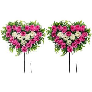 lot 44423 image: Lodou 2 Sets Artificial Cemetery Flowers, Grave Memorial Flowers with Ground Spike,Heart Shaped Wreaths Rose Flowers for Artificial Rose Decoration for Cemetery Headstones Gravesites (Pink) - Retail $35