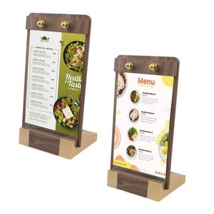 lot 44444 image: Acrylic Sign Holders, 4 x 6 Inch Vertical Tabletop Sign Stand for Coffee Shop, Restaurant, Store, Hotel, Office, Bar, Wedding, Restaurant, Exhibitions Display Menu, Poster, Flyer (Walnut Color) - Retail $14