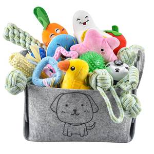 lot 44451 image: LECHONG 24 Pack Puppy Chew Toys, Dog Teething Toys with Storage Bin, Dog Rope Toys and Squeaky Toys for Boredom, Interactive Dog Toys for Small & Medium Breeds - Retail $20