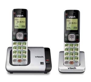 lot 44459 image: VTech CS6719-2 2-Handset Cordless Phone with Caller IDCall Waiting, Handset Intercom & Backlit DisplayKeypad, Silver - Retail $40