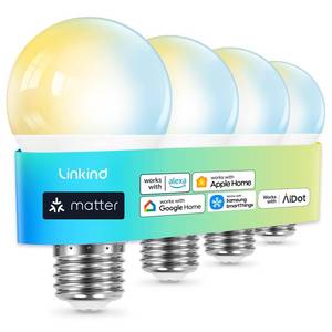lot 44460 image: Linkind Matter Smart Light Bulb, Soft White to Daylight Tunable Alexa Light Bulbs, Smart Bulbs Work with Apple Home, Alexa, Google Home, SmartThings, 2.4GHz Wi-Fi LED, A19 E26, 800LM, 60W (4-Pack) - Retail $26