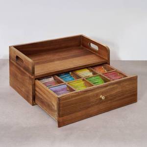 lot 44467 image: SARUFO Acacia Wood Tea Bag Organizer with Drawer - Tea Station Chest and Storage Box, Coffee and Teabag Holder with 8 Compartments, Containers and Boxes for Countertop Display - Retail $40